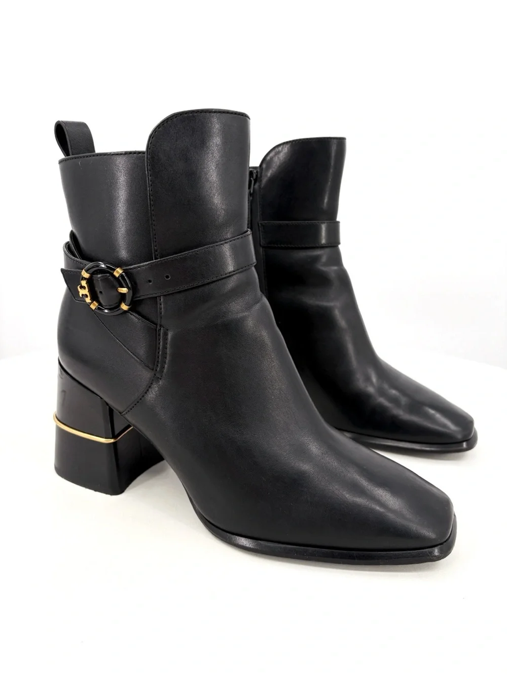 TORY BURCH Logo Buckle Square-Toe Ankle Boots in Black Leather 10 - Picture 4 of 14
